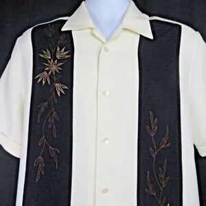 Cubavera Guayabera Shirt  L Brown Cream Embroidered Panel Print  Pleats Cuffs